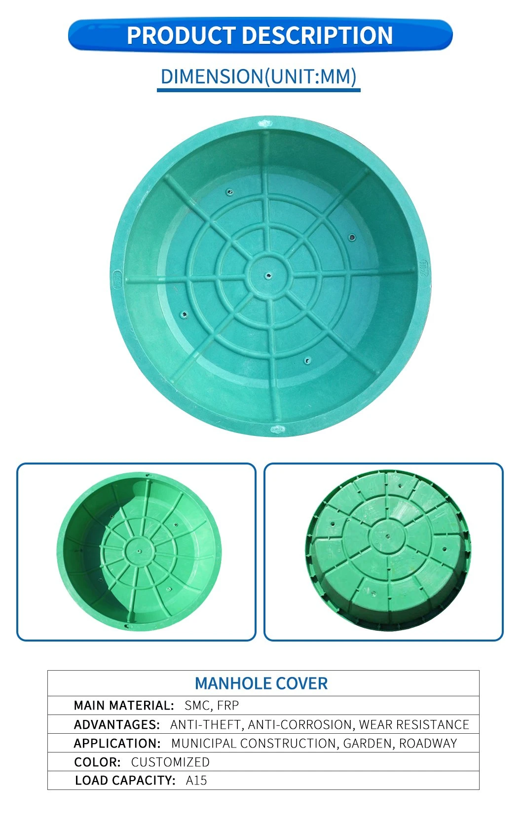 En124 Composite Resin BMC/SMC/FRP Square and Round Manhole Cover for Planting