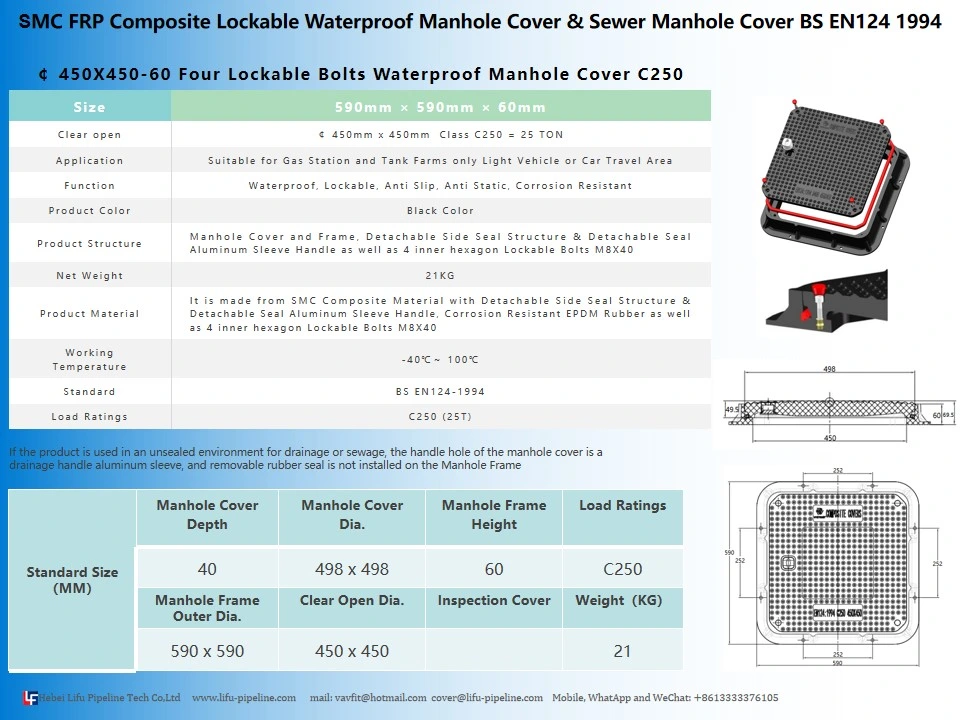 High Quality SMC Watertight Insulation Sqaure Manhole Cover and Frame Composite Waterproof Anti-Static Manhole Cover FRP Inspection Round Manhole Cover