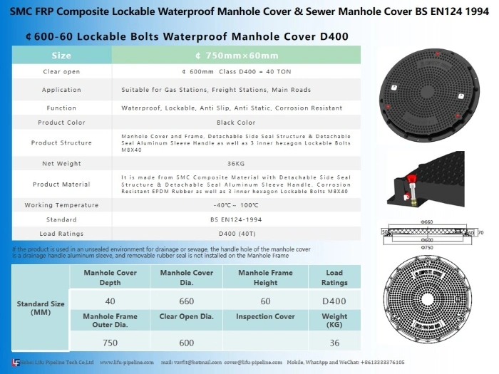 High Quality FRP Drainage Sanitary Sewer Manhole Covers Composite Safety Municipal Heavy Duty Drain Manhole Cover and Frame SMC Engineering Manhole