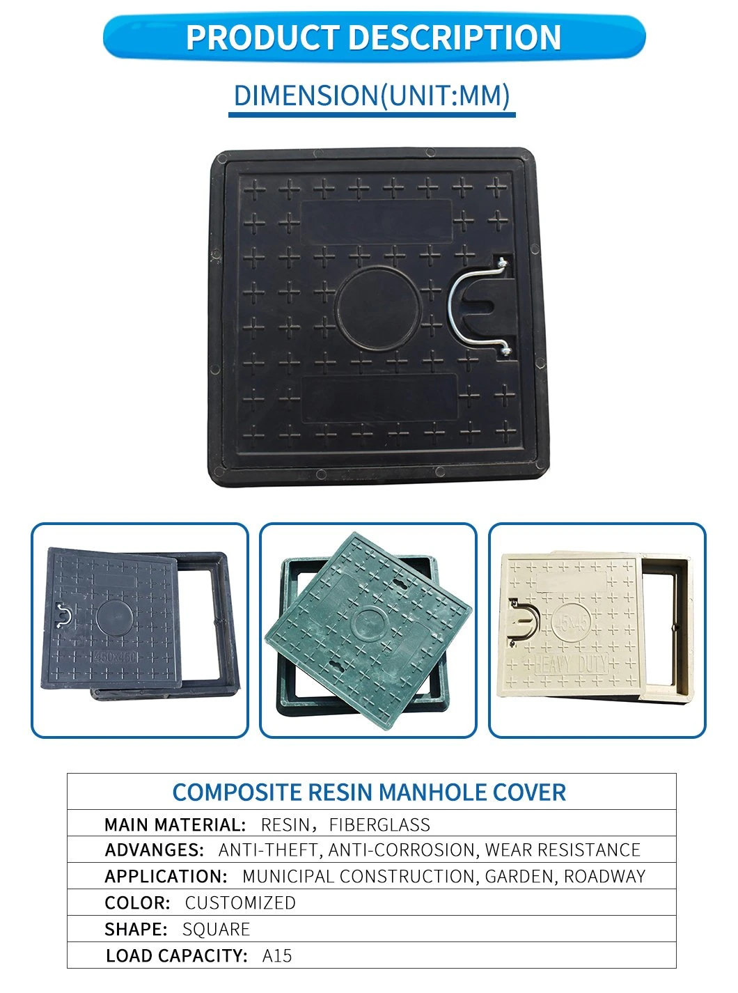 A15 FRP Fiberglass Composite Resin BMC/SMC/FRP Square and Round Manhole Cover