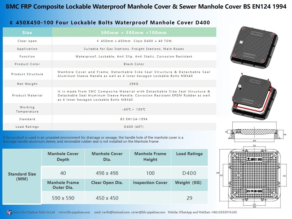 High Quality SMC Watertight Insulation Sqaure Manhole Cover and Frame Composite Waterproof Anti-Static Manhole Cover FRP Inspection Round Manhole Cover