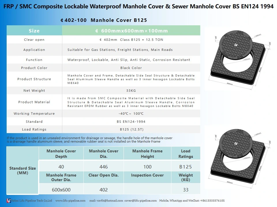 High Quality SMC Watertight Insulation Sqaure Manhole Cover and Frame Composite Waterproof Anti-Static Manhole Cover FRP Inspection Round Manhole Cover