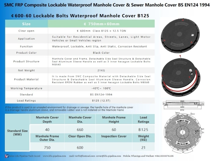 High Quality FRP Drainage Sanitary Sewer Manhole Covers Composite Safety Municipal Heavy Duty Drain Manhole Cover and Frame SMC Engineering Manhole