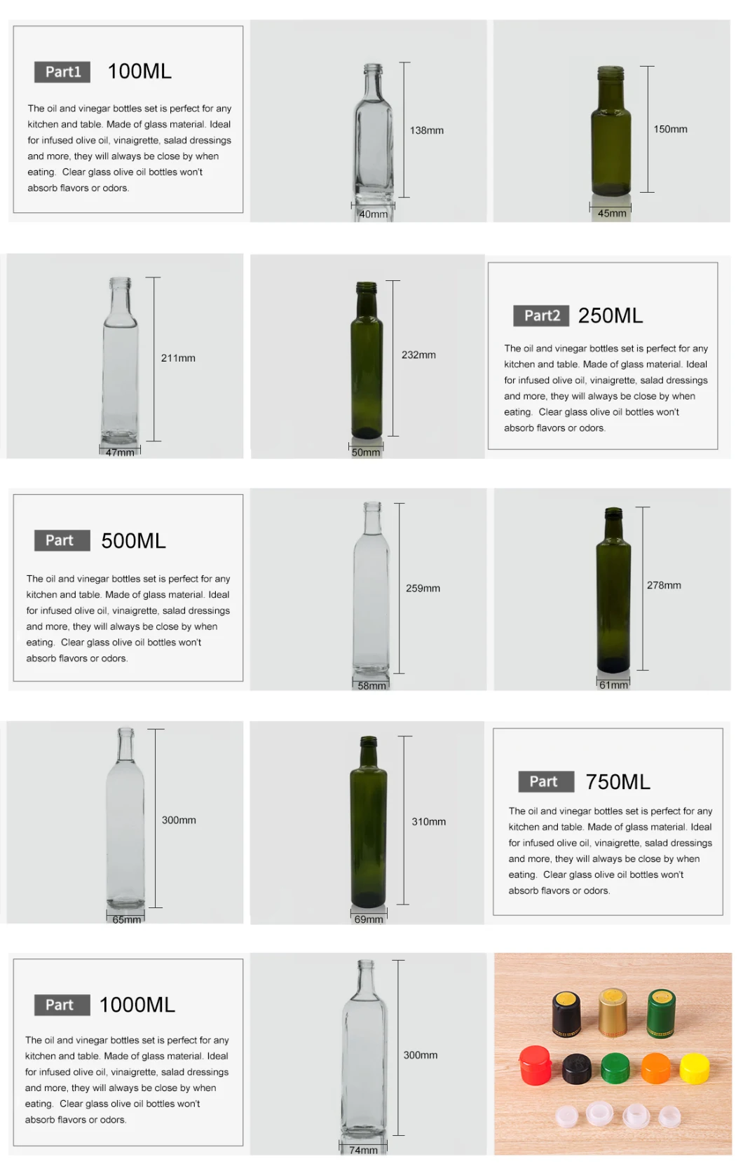 Edible Oil Glass Bottle 100ml 250ml 500ml 750ml 1000ml Marasca Rectangle Olive Oil Glass Bottle