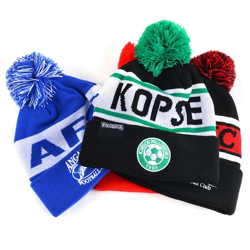 Custom 100%Acrylic Bobble Winter Sport Soccer Football Knitted Hat, Knitted Beanie