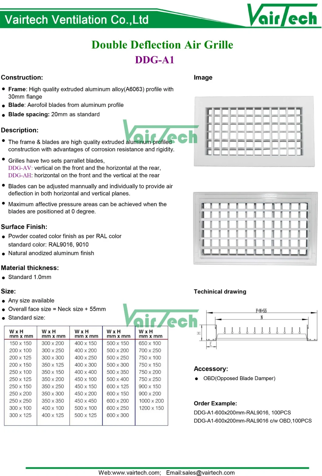 Supply Air Conditioner Aluminum Ceiling Return Double Deflection Layer Air Vent Grille with OBD Filter Optional