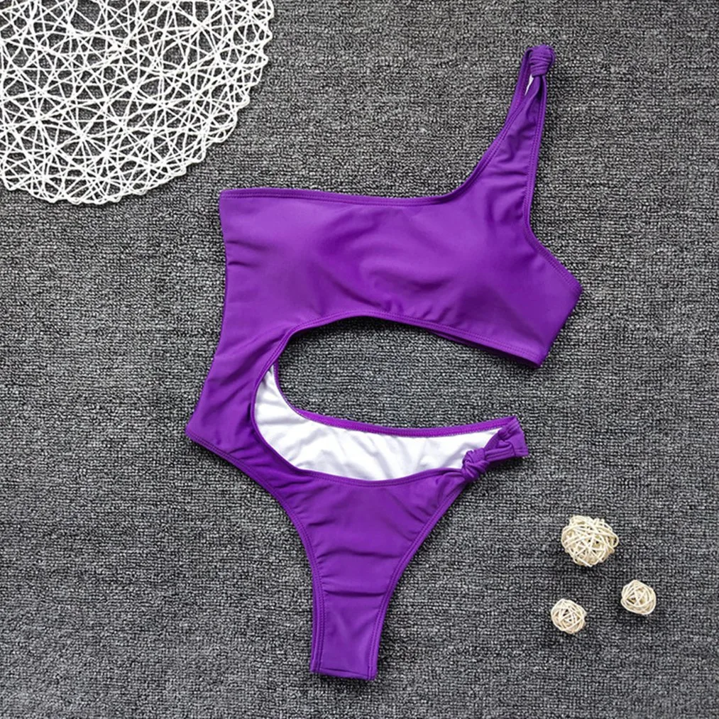 2020 New Style Women One Piece Swimsuit Sexy Hollow One Shoulder Knotted Swimsuit