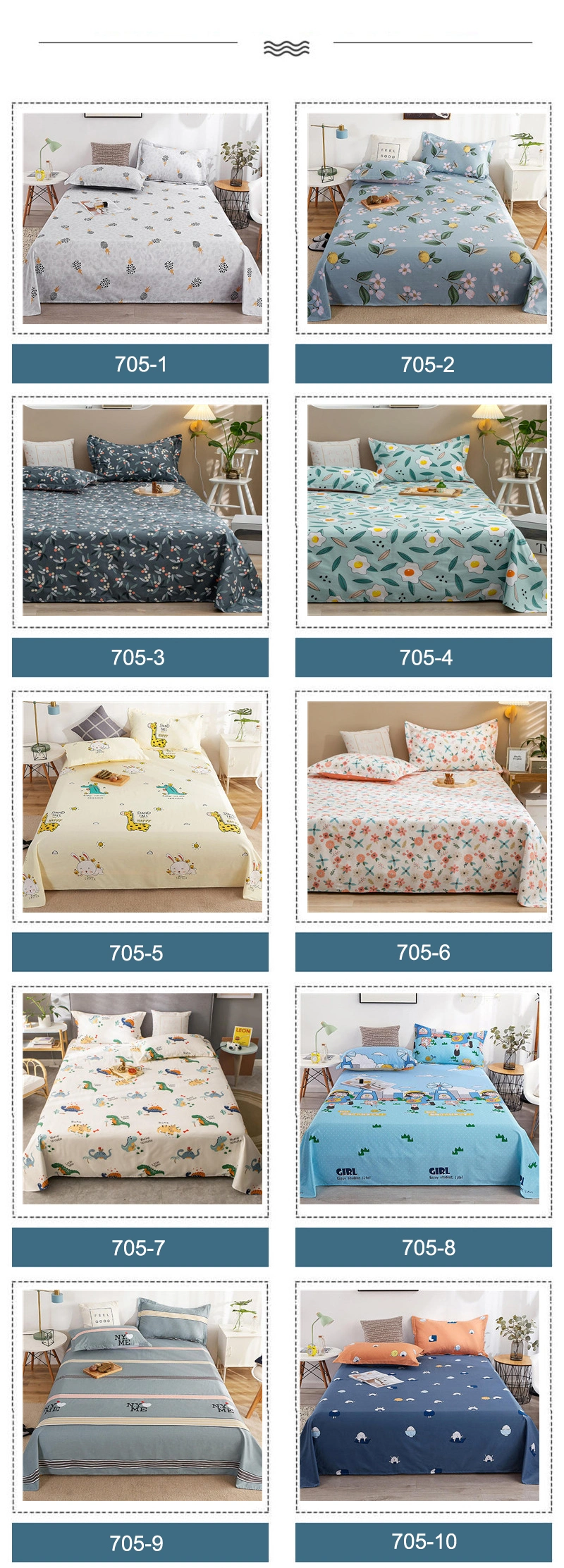 Factory Bed Sheet Set Fashion Style Cotton Brushed Fabric Cyan Plaid Double Bed Linen