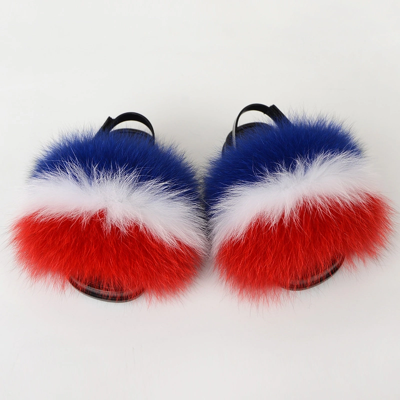 New Design Wholesale Kids Fur Slides, Kids Fur Slippers with Strap, Back Straps Kids Fur Slippers