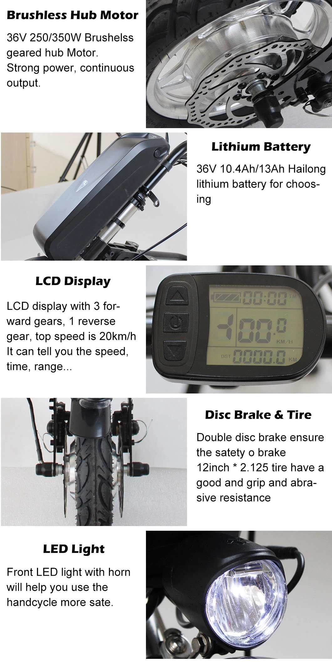 High Quality 250W 350W 36V 12inch Electric Hand Cycle Wheelchair for Older