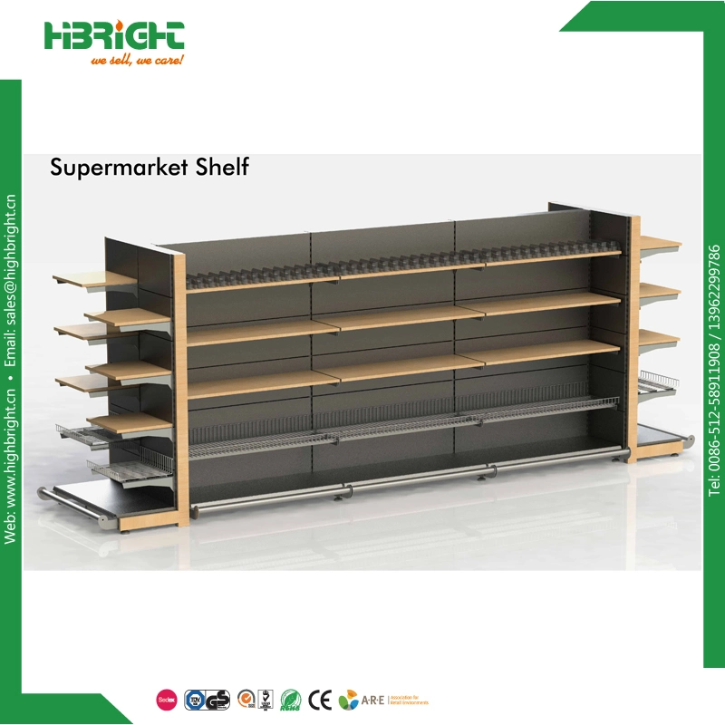 Wooden Surface Treatment Supermarket Double Sided Gondola Shelving