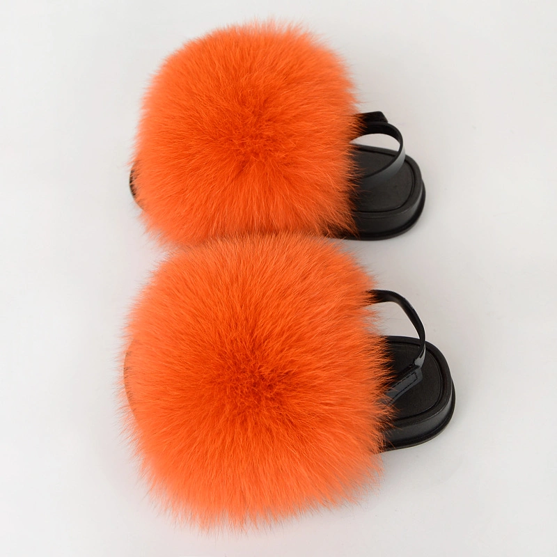 Kids Fur Slides with Back Strap, Wholesale Fur Slippers for Kids, Kids Fur Slides