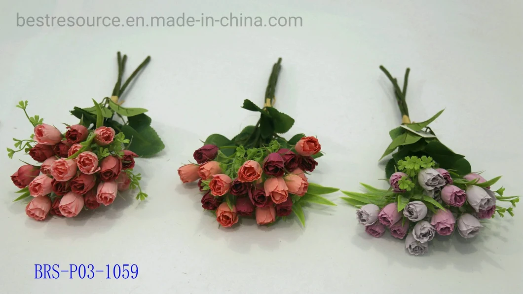 High Quality Artificial Simulation Small Silk Rose Buds Bouquet for Wedding and Home Decoration