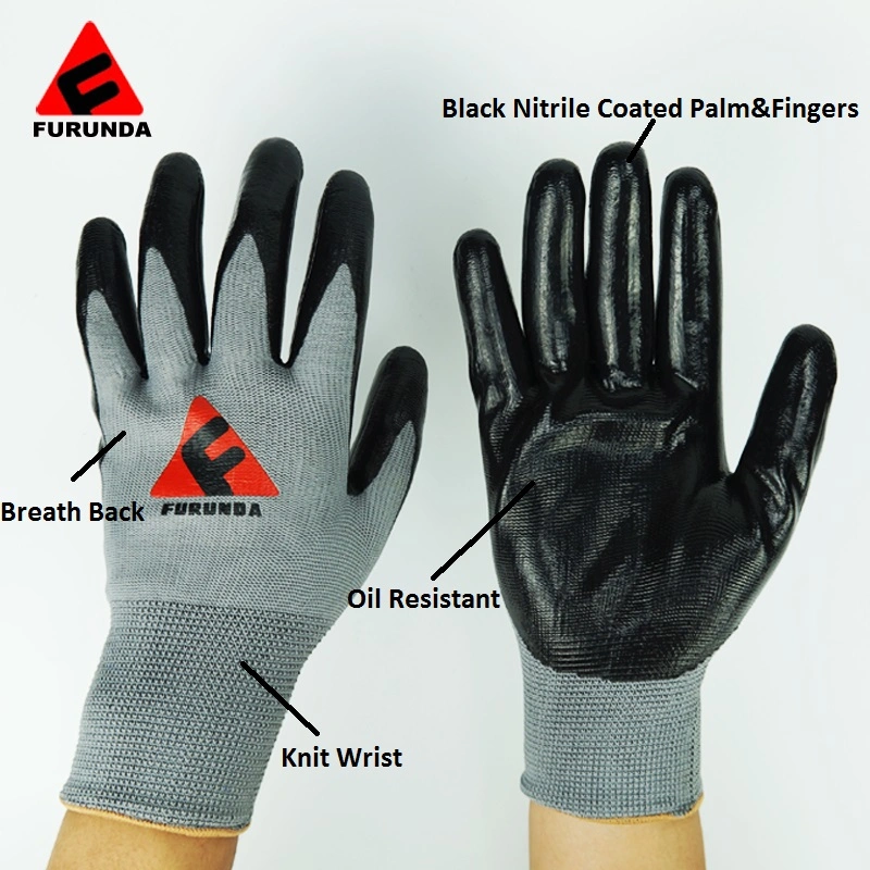 Black Nitrile Palm Coated Safety Work Gloves with Nylon Liner Puncture Resistant Gloves