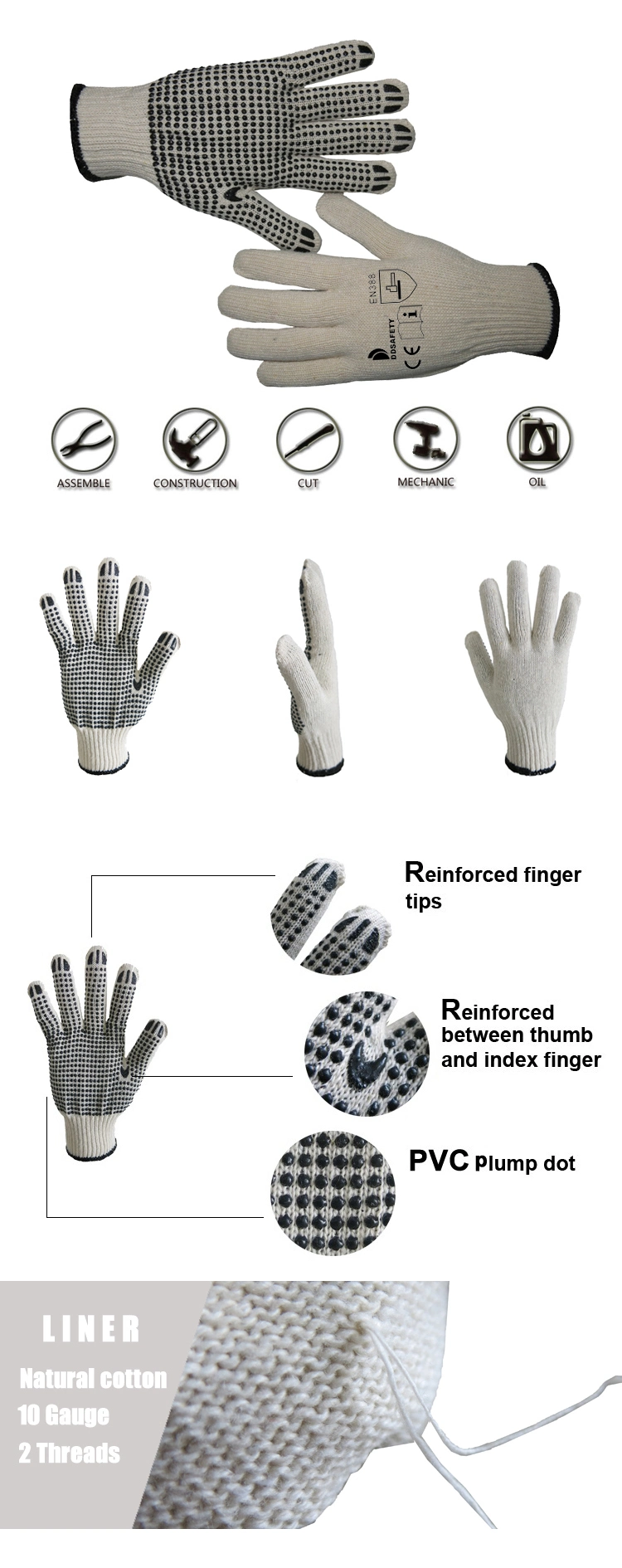 Natural White Cotton /Polyester Knit Knitted Garden Work Gloves with Black PVC Dots, Gripper DOT Gloves