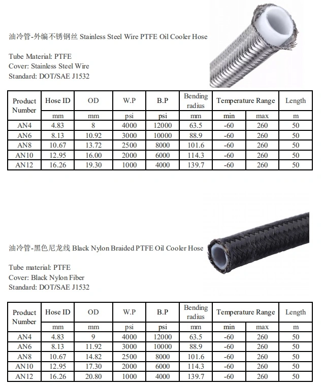 Universal Oil Cooler 304stainless Steel PTFE Braided Hose High Pressure Oil Hose Hydraulic Hose