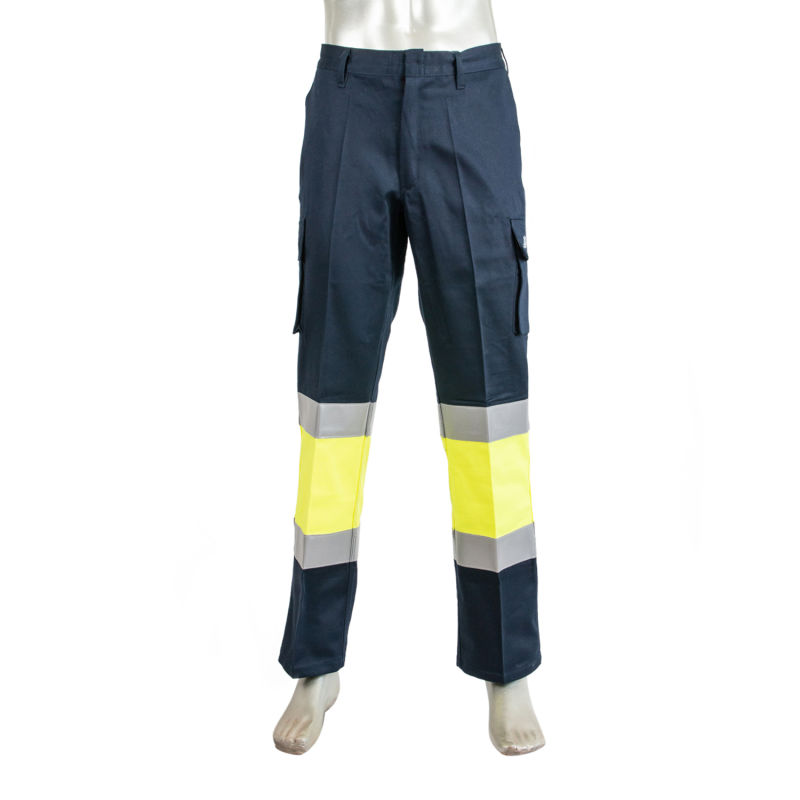 Hi Viz Navy/Fluo Yellow Cotton Work Clothing Multi Pockets Flame Retardant Fireman Cargo Pants with Reflective Tapes