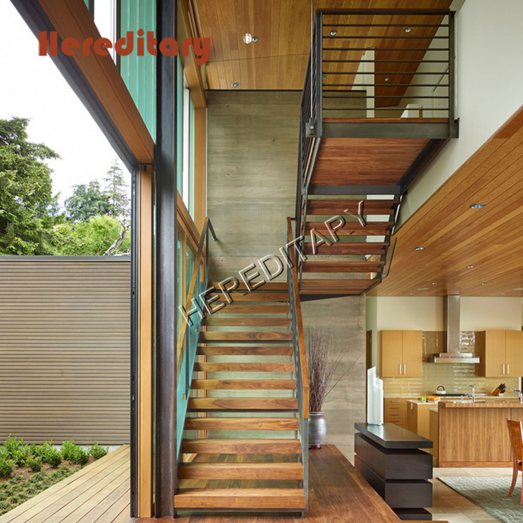 Staircase L-Type Mild Steel-Wood Straight Staircase Interior Art Staircase