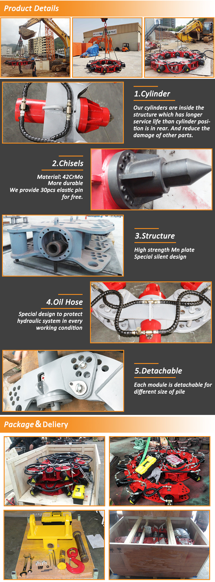 Hydraulic Rock Cutter Concrete Pile Breaking Machine Chisel Attached