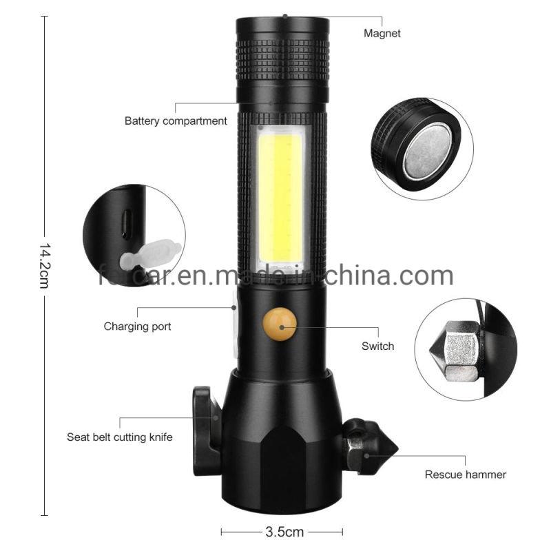 COB LED Torch Camping Lantern Seat Belt Cutter Rescue Hammer Flashlight for Emergency Safety