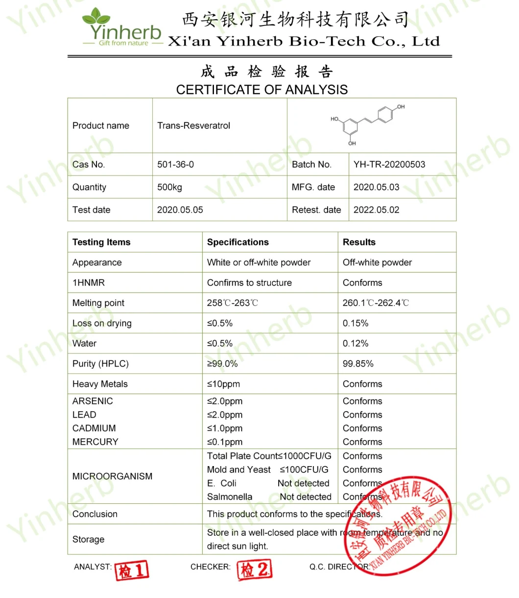 Chinese Herb Polygonum Cuspidatum Extract Resveratrol 99% Raw Powder for Anti-Aging