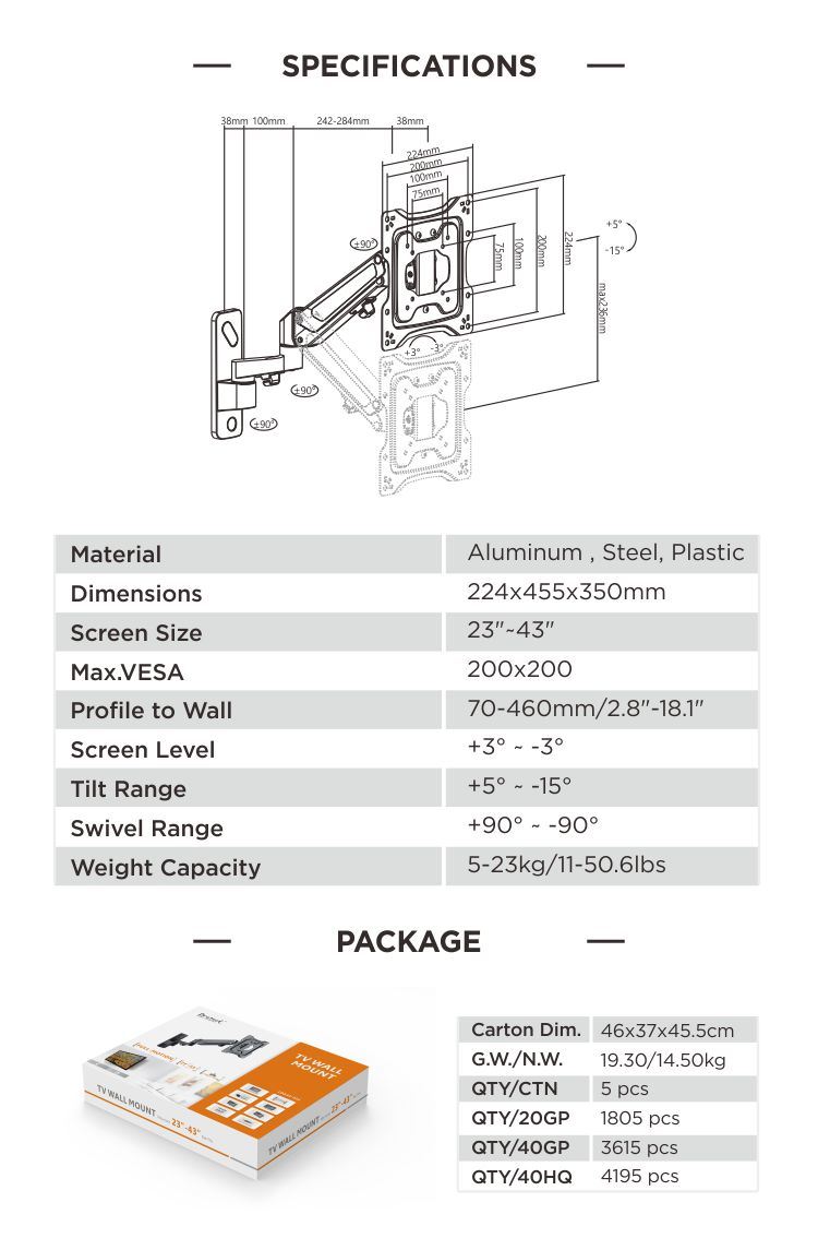 TV Wall Mount Bracket Aluminum Gas Spring Wall Mount for TV