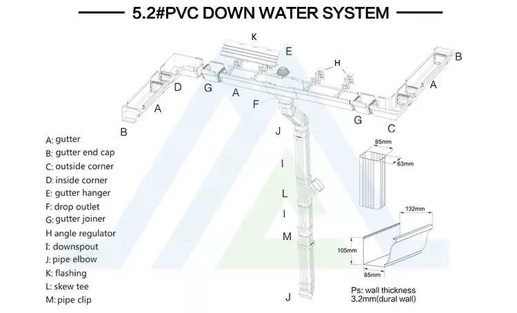 Roof Drainage System 5.2inch and 7inch PVC Rain Gutters Rectangular Rainwater Gutters