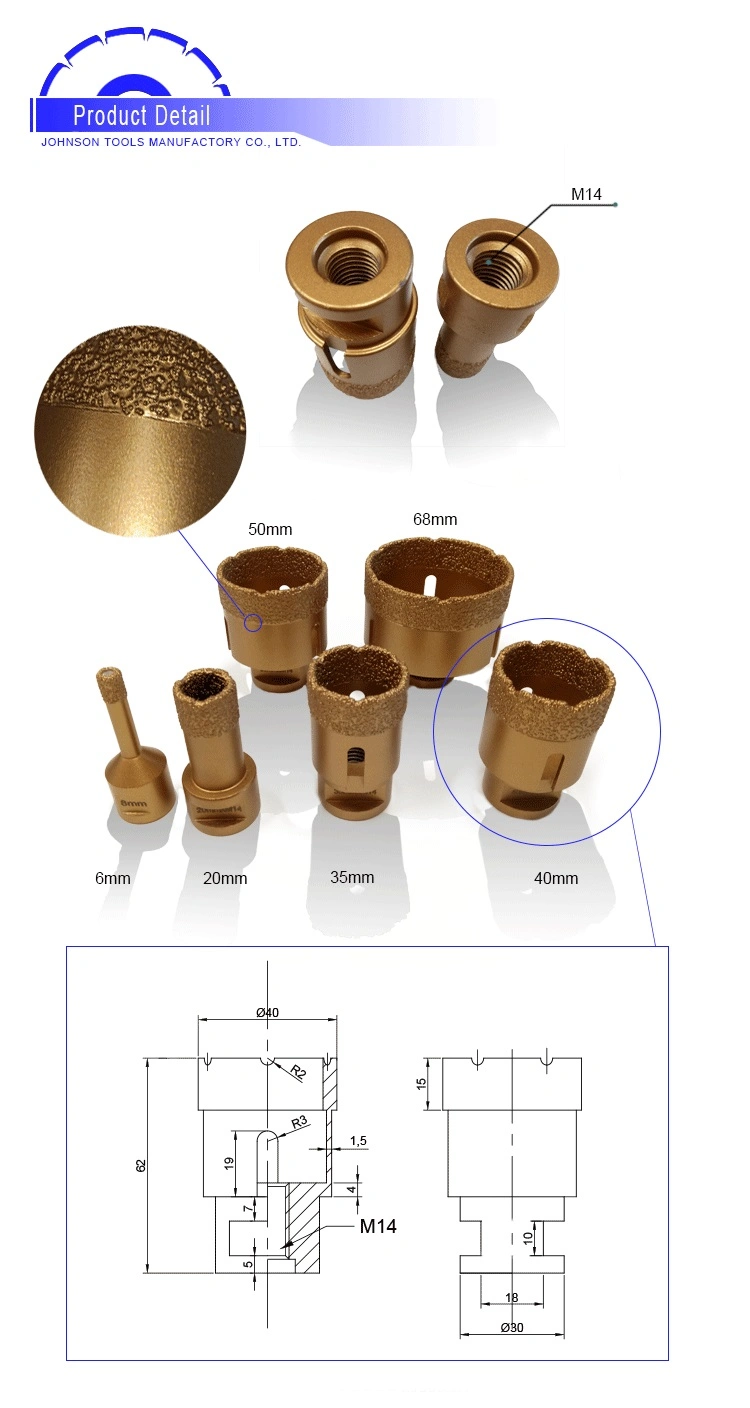 1-3/8 Inch Diamond Vacuum Brazed Tile Core Drill Bits with M14 Thread