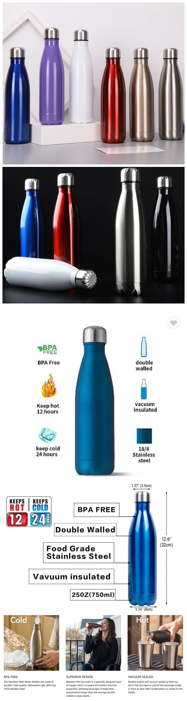 17ounce Stainless Steel Water Bottle Insulated Double Wall Leakproof Cola Shaped Sports Water Bottle