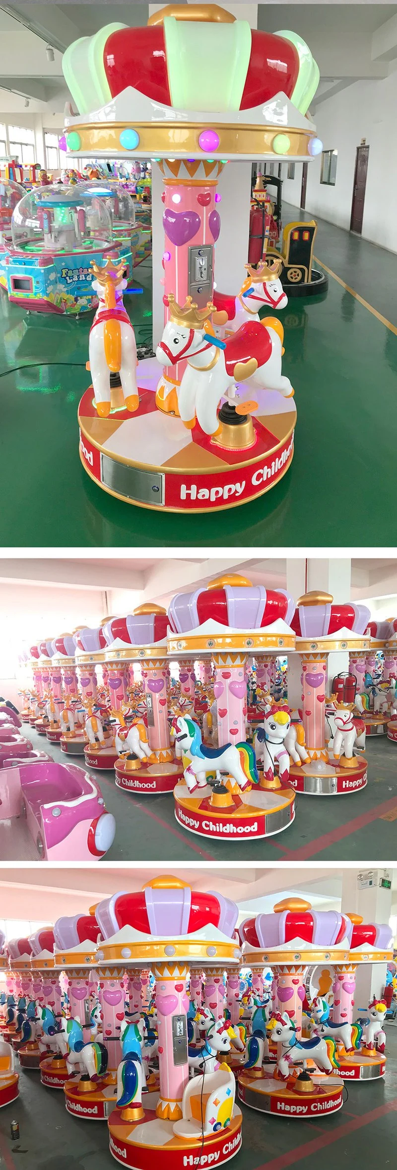 Commercial LED Music Carousel Ride with LED Music Marry Go Round 3 Horse Carousel Coin Operated