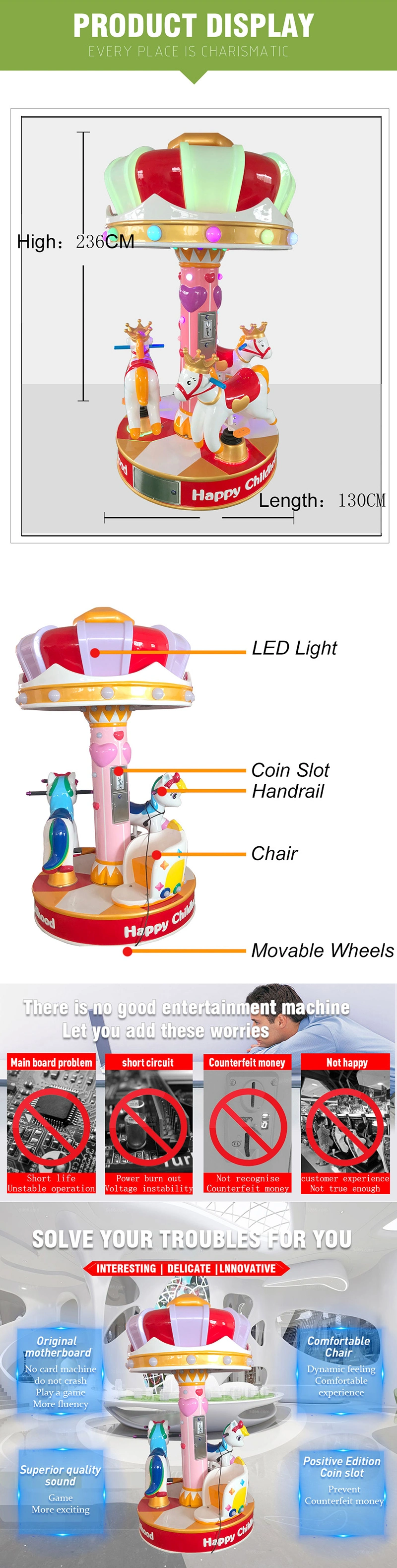 Commercial LED Music Carousel Ride with LED Music Marry Go Round 3 Horse Carousel Coin Operated