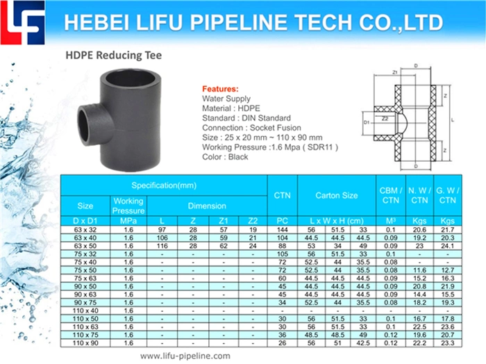 High Quality DIN Standard Water Supply Plastic Tee PE Pipe Fitting Equal Tee HDPE Socket Fusion Pipe Fitting Reducing Tee HDPE80 Fusion Pipe Fitting Cross Tee