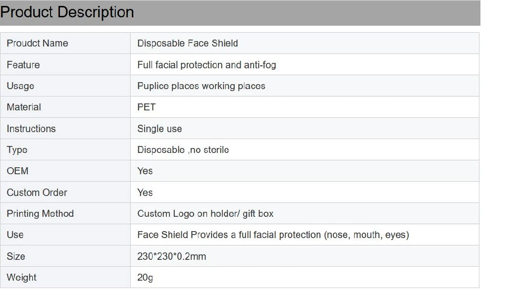 China Factory Supply Face Shield with Clear Plastic Pet Face Shield for Protective Face Mask Shield