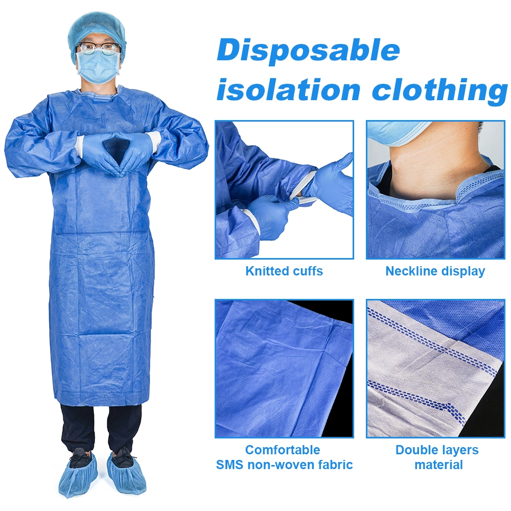 SMS Dental Surgical Gowns Latex Free Resistant Fluid Disposable Hospital Isolation Gowns Blue Non-Woven Disposable SMS Sterile Reinforced Surgical Gowns