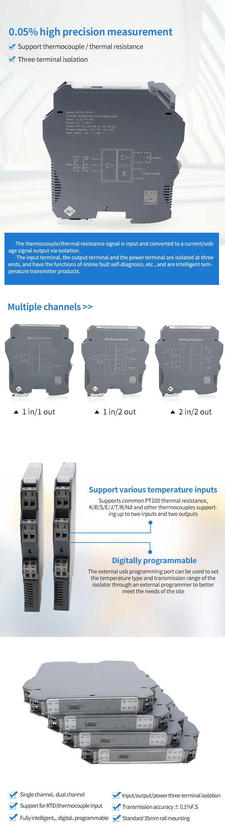 4-20mA DIN Rail Mounting Signal Convertor Rtd PT100 Thermocouple Signal Isolator