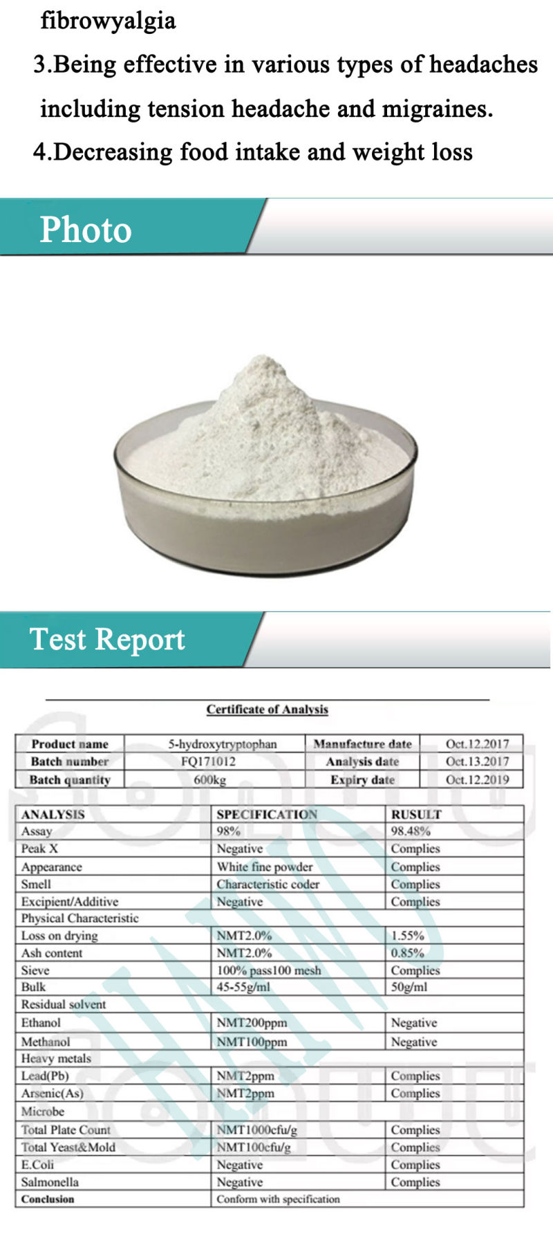 High Quality 5-Htp Powder 98% 5htp Griffonia Seed Extract 5 Htp/L-5- Hydroxytryptophan/314062-44-7