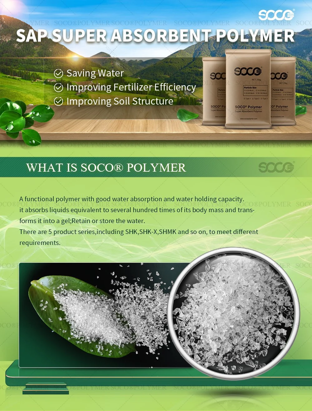 Soco Polymer Paas Sodium Potassium Polyacrylate for Sugar Cane, Wheat, Oats