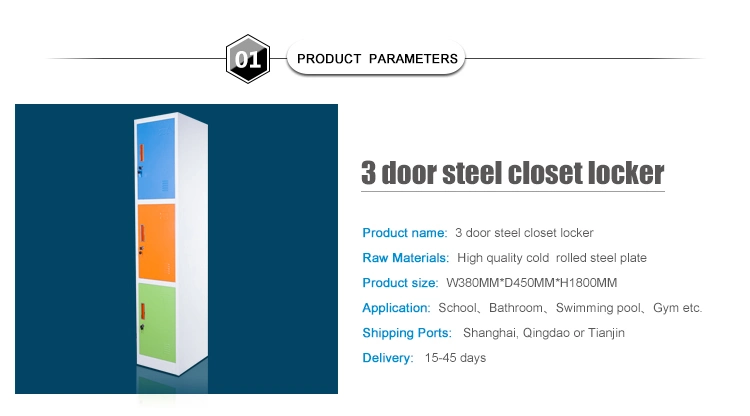 China Steel Office Furniture Single 3 Tier Lockers / 3 Door Metal Closet