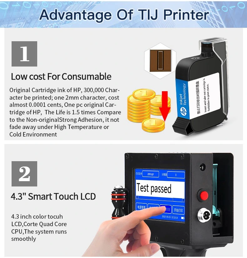 Touch Screen Mini Handheld Printing Machine Small Character Expiry Date Inkjet Printer for Carton/PE Bag/Paper Bag/PVC Pipe/Bottle/Aluminum Box Coding