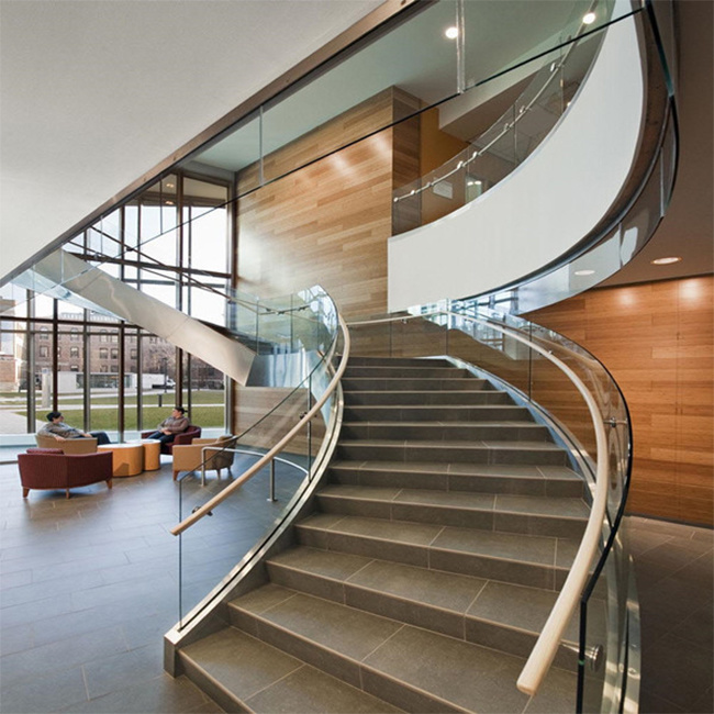 Hotel Stairs Timber Wood Stairs Modern Steel Glass Curved Stair Staircase