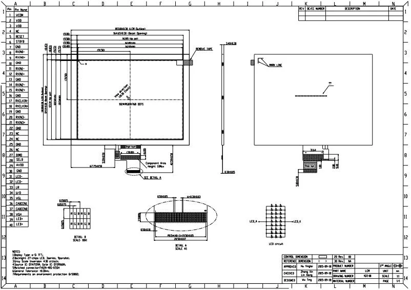 8 Inch TFT Display with 1024 (RGB) *768 Dots/40 Pins/ Lvds Interface