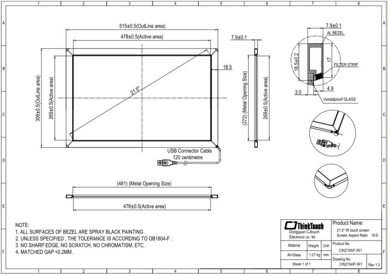 Cjtouch Infrared IR Touchscreen 21.5inch Capacitive Transparent Pure Glass LCD Monitor Display Panels Overlay