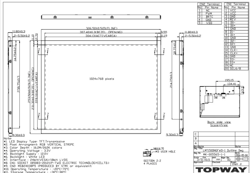 15 Inch Lvds 1024X768 LCD Module Color TFT LCD Display