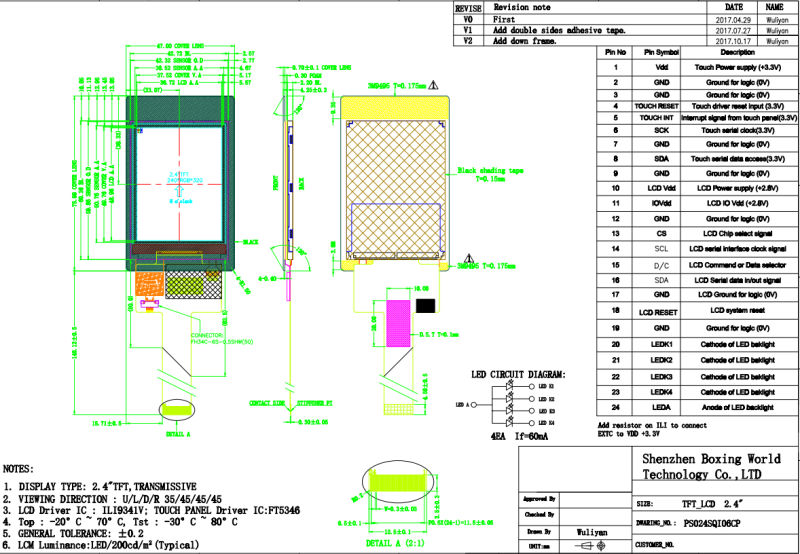 2.4'' 24 Pins Spi Interface TFT LCD Touchscreen with CTP