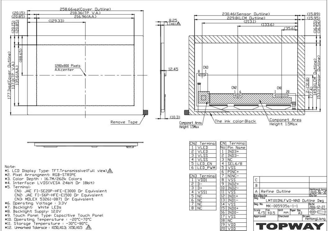 10.1 Inch 1280*800 Lvds Color TFT LCD Display Module