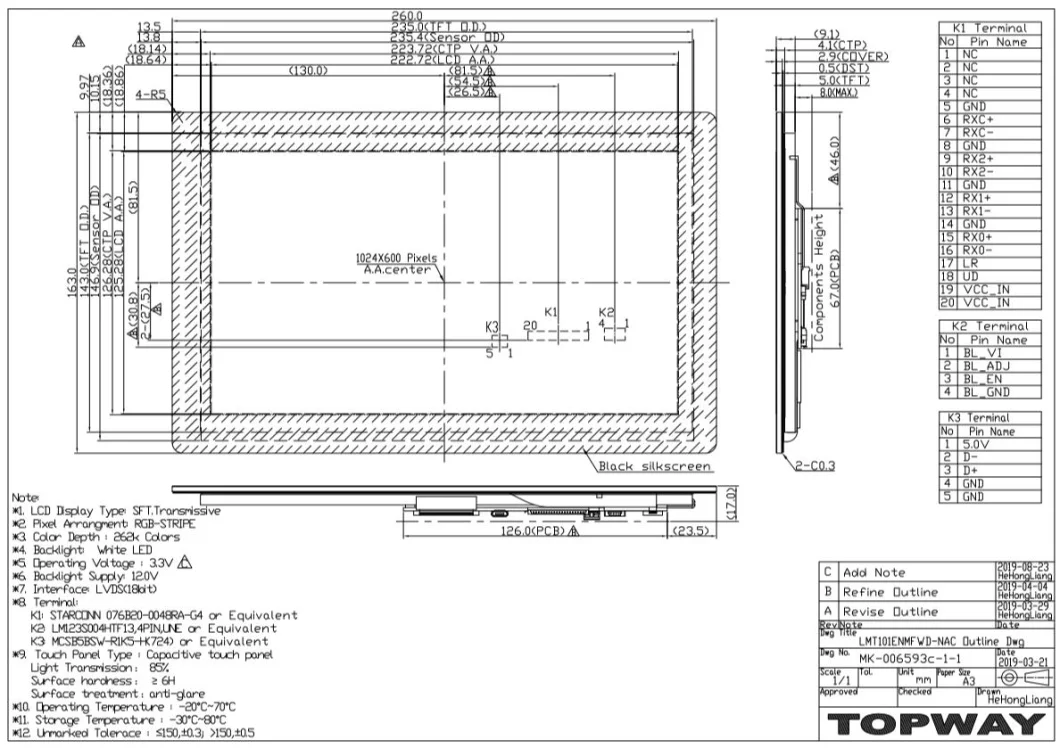 10.1 Inch Lvds Interface 1024X600 Color TFT LCD Display Module