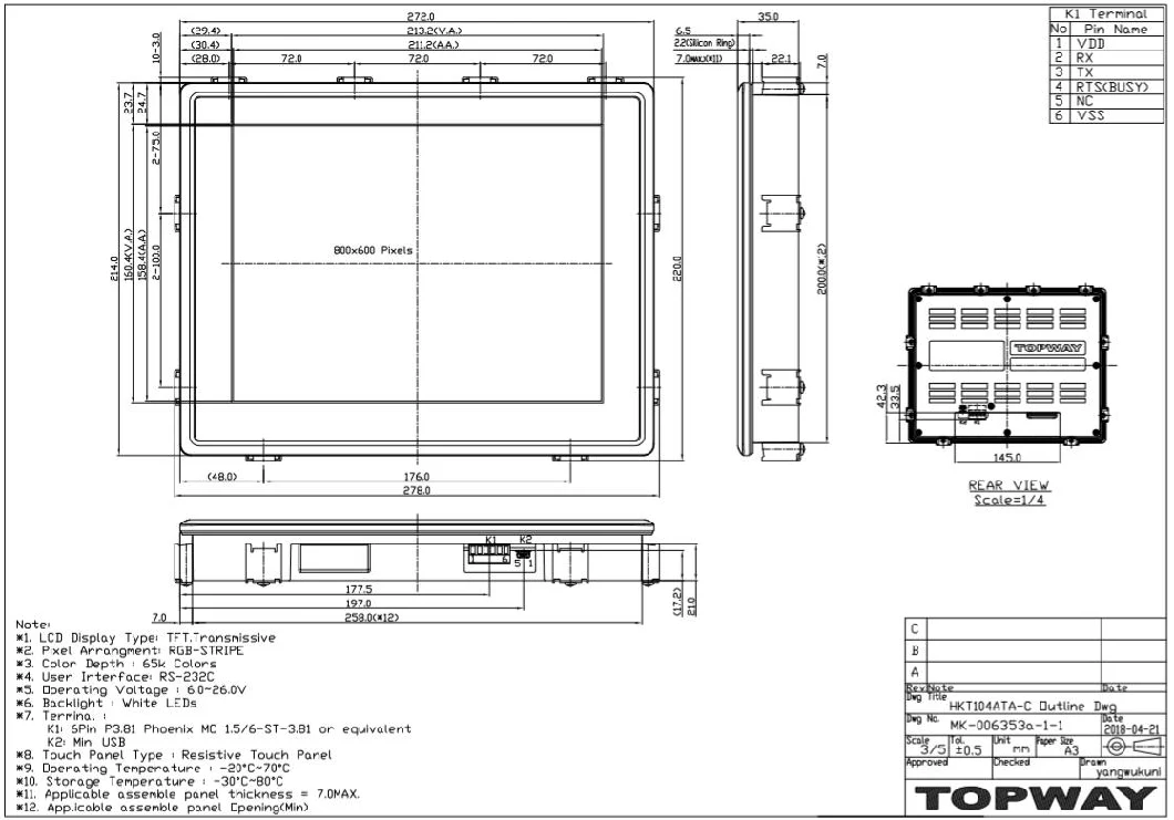 10.4 Inch RS232 Interface 800X600 Smart TFT LCD Display LCD Module