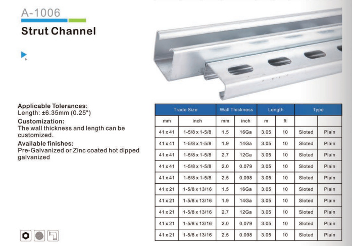 Galvanized Steel Plain Unistrut Channel