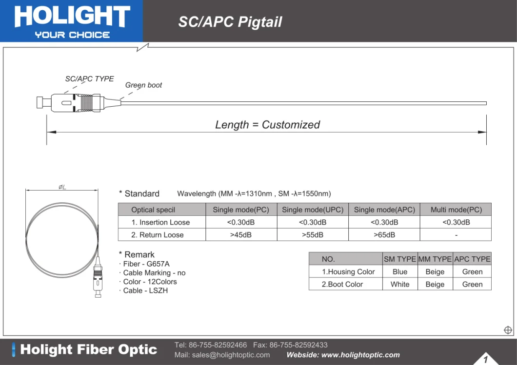 Sc/APC Fiber Optic Pigtails