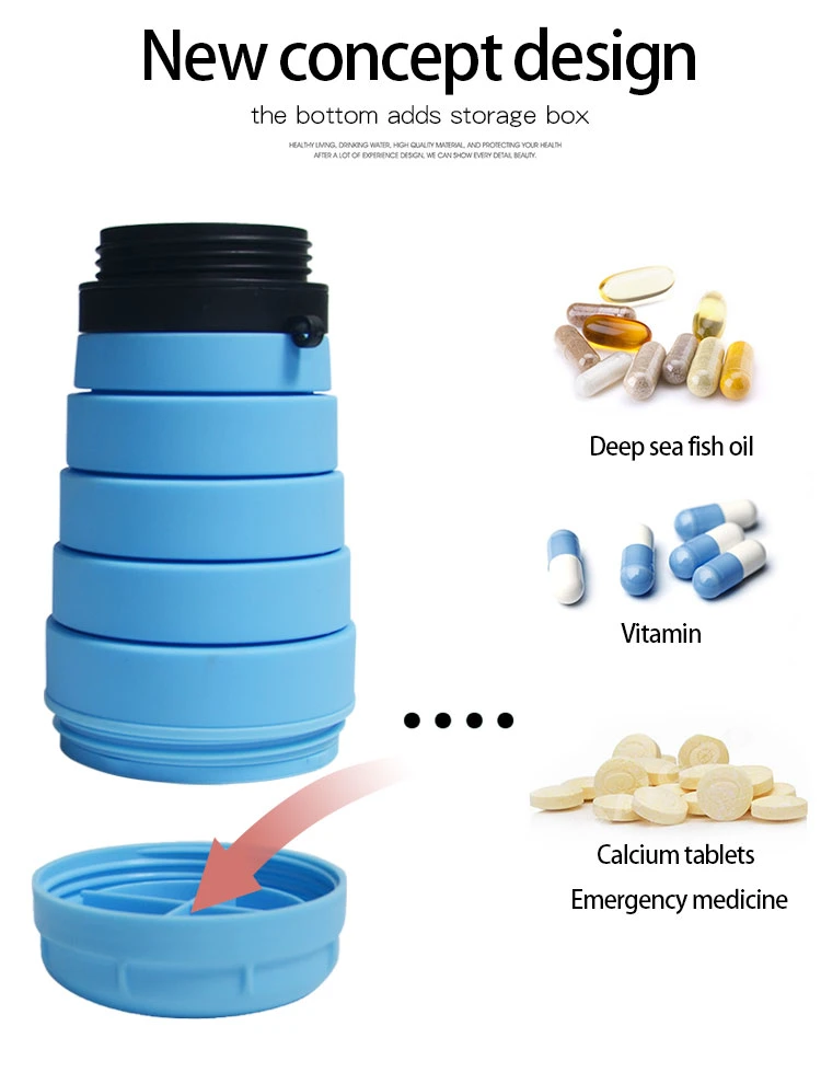 Food Grade Silicone Portable 750ml 4 Grid Medicine Storage Water Bottle 2 in 1